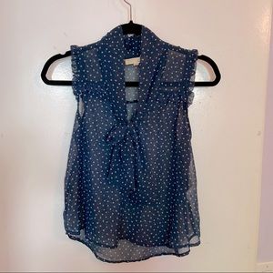 Blue polka dot blouse with tie neck